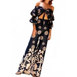 NEW ANDRES OTALORA women's zinu cropped blouse in navy dots abstract border prin